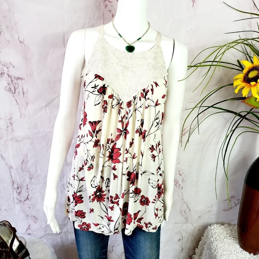 Anthropologie One September Floral Lace Trim Top